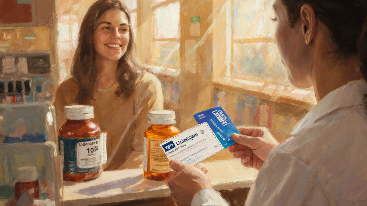 A pharmacist applies a SingleCare discount to a prescription bottle while a customer smiles.