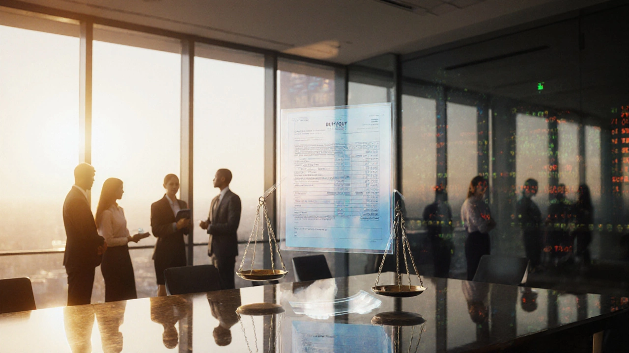 Bright glass office with employees, transparent ledger and balanced scales.