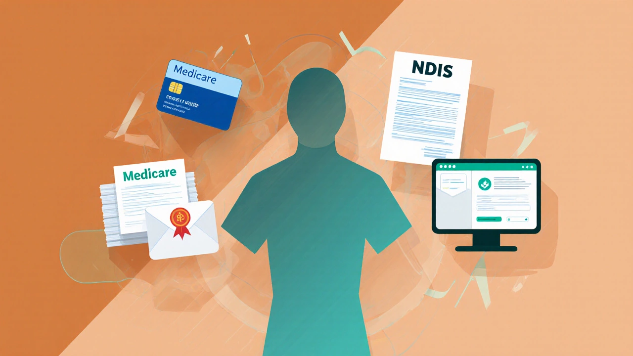 Collage of Medicare card, insurance, government aid, loan papers, charity grant, and crowdfunding laptop around a patient silhouette.