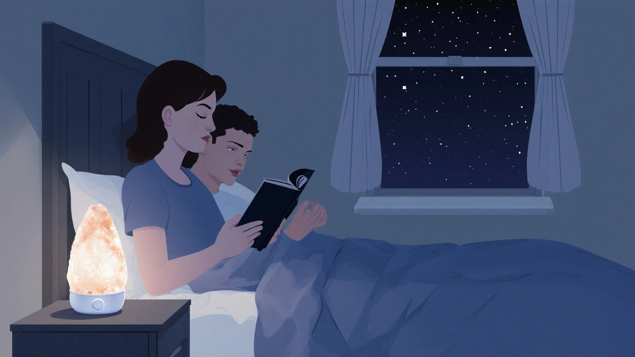 Couple relaxing in a calm, darkened bedroom with soft light and white noise machine at night.