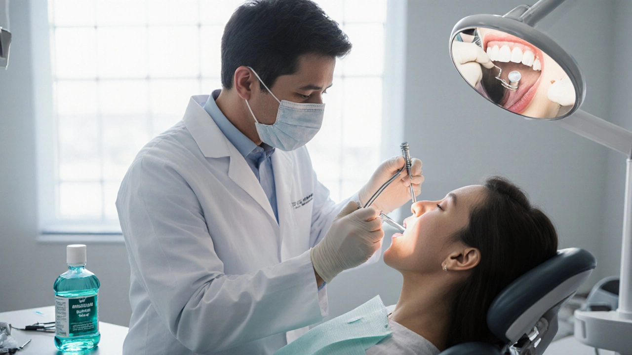 Dentist cleaning around a healed implant during a routine check‑up.