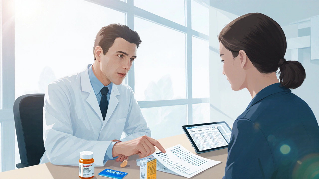 Doctor and patient discussing a medication list with a generic pill bottle and discount card visible.