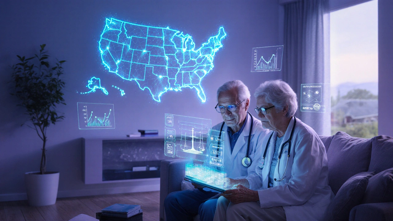 Elderly couple uses holographic telehealth tools while glowing map nodes illustrate growing Medicare Advantage.