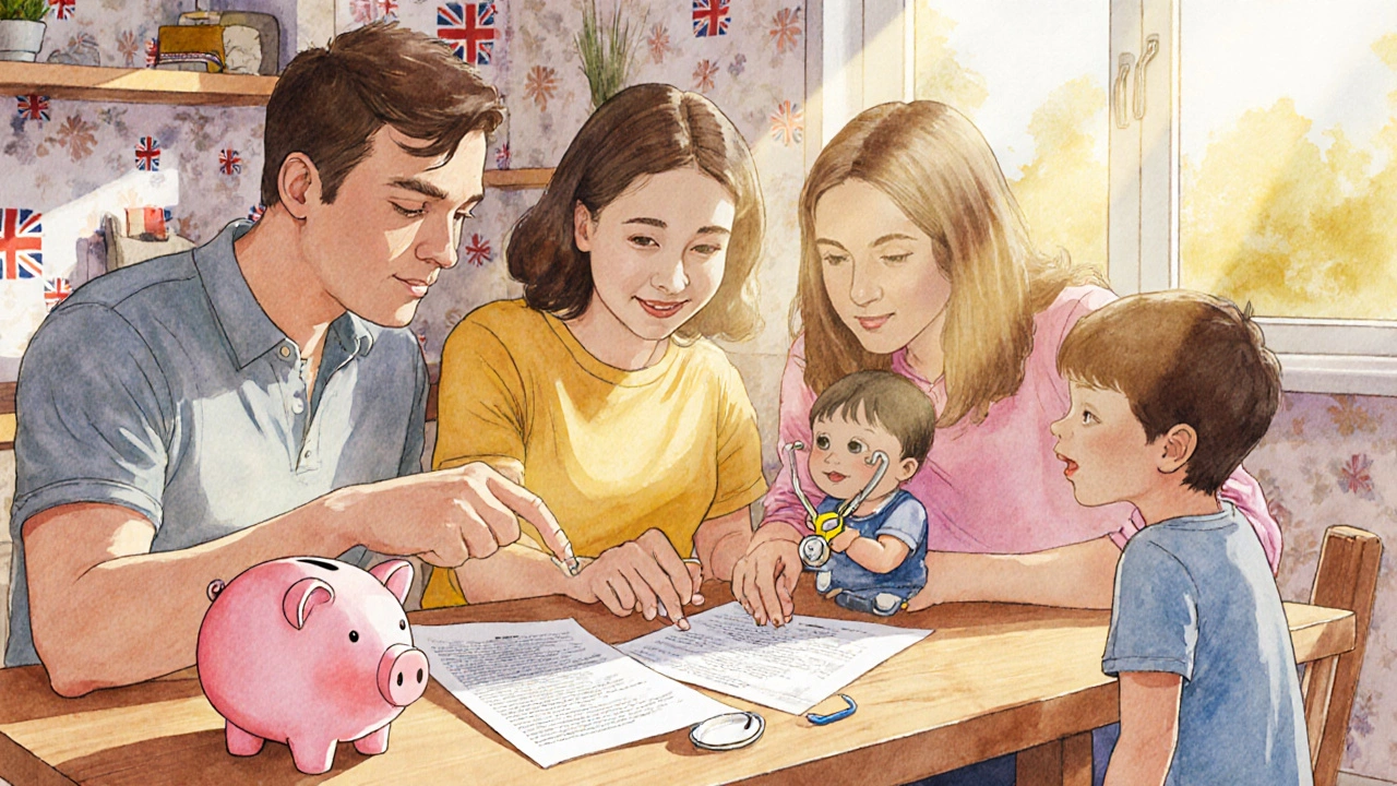 Family of four discusses health insurance options around a kitchen table with a piggy bank.