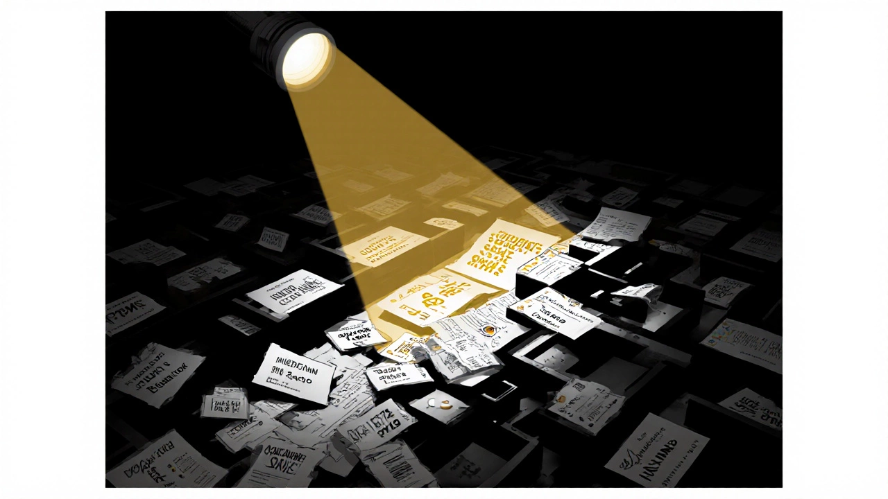 Flashlight illuminating a maze of insurance documents and price tags in a dark room.