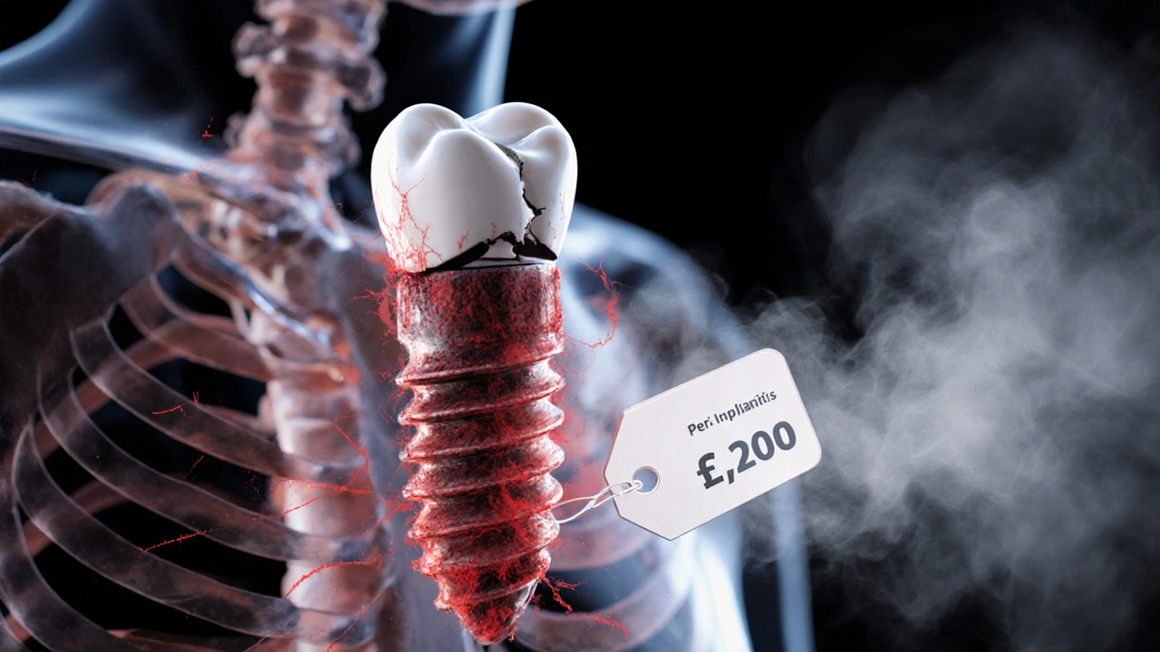 Fractured dental implant with infection spreading through jawbone, symbolic of hidden failure.