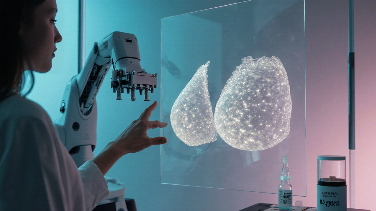 Futuristic clinic with AI hologram preview and robotic 3D‑printed scaffold for breast augmentation.