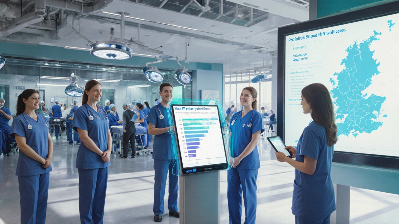 Futuristic NHS hub with staff, digital triage tools, and modern surgery suite.