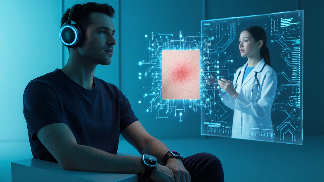 Futuristic patient with smartwatch and holographic AI reviewing skin scan.
