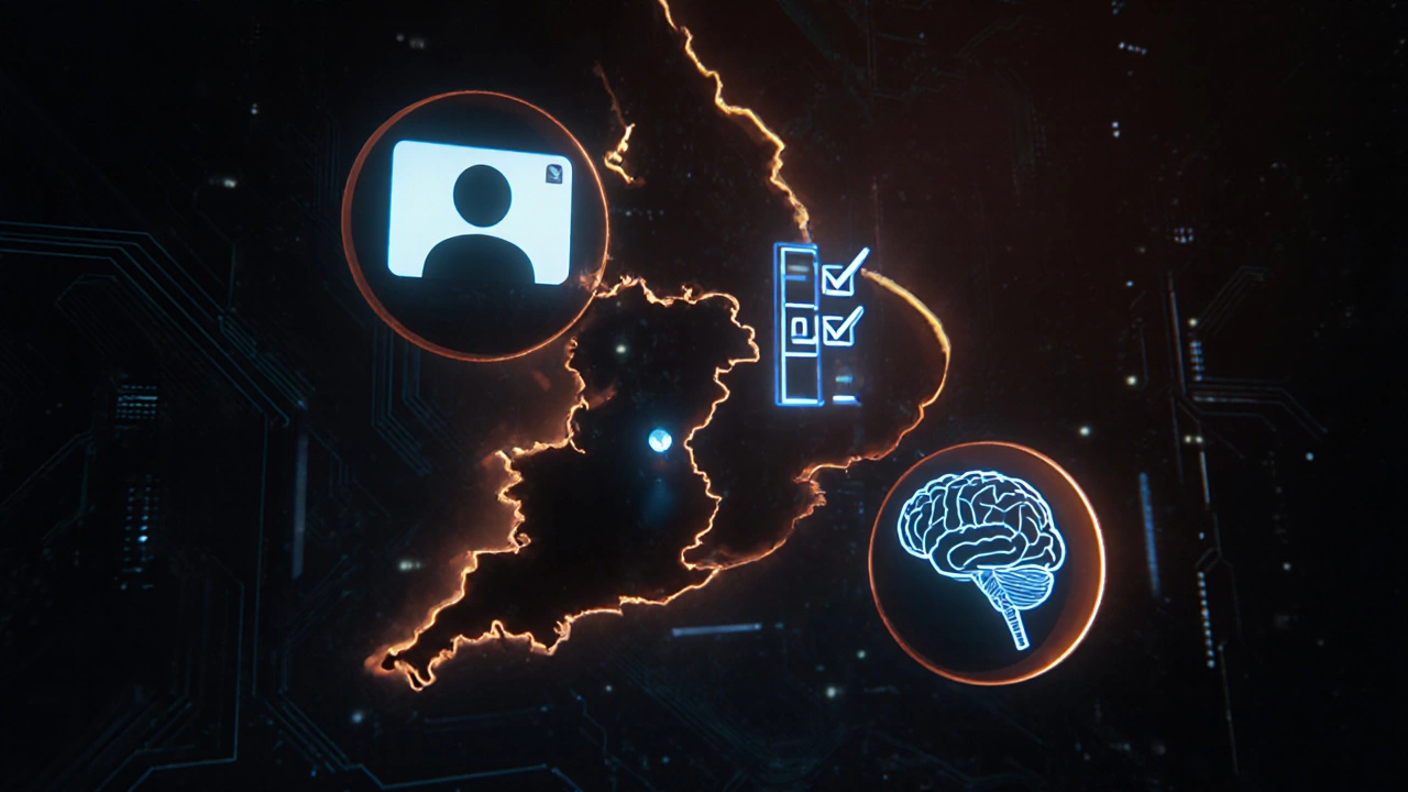 Futuristic UK map with holographic icons for telehealth, legal checklist, and AI.