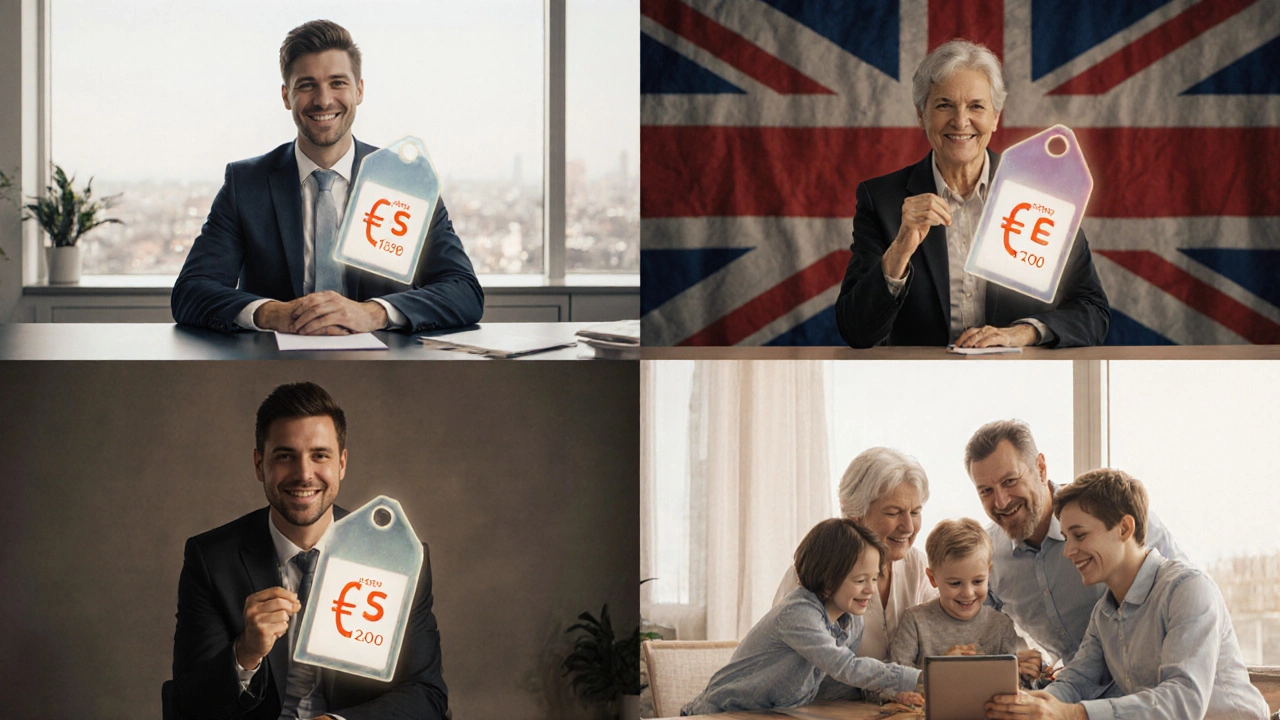 Group of people of different ages holding price tags representing varying health insurance costs.