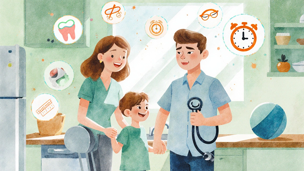Happy family in kitchen with health icons floating around, representing fast recovery and extra insurance benefits.
