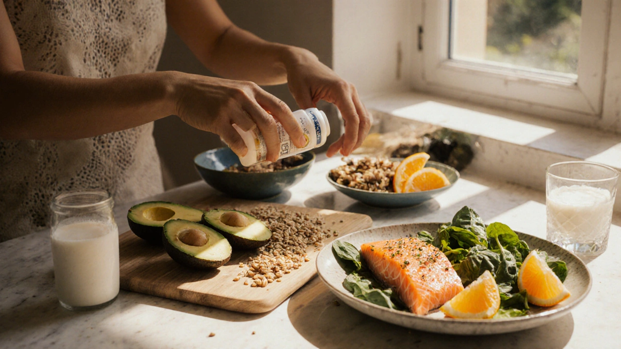 Healthy fertility-focused meal with salmon, avocado, spinach, and yogurt on a kitchen counter.
