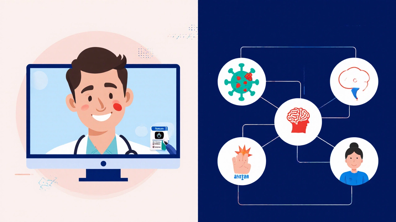 Illustration of Teladoc doctor with icons for cold, rash, UTI, anxiety, eczema.