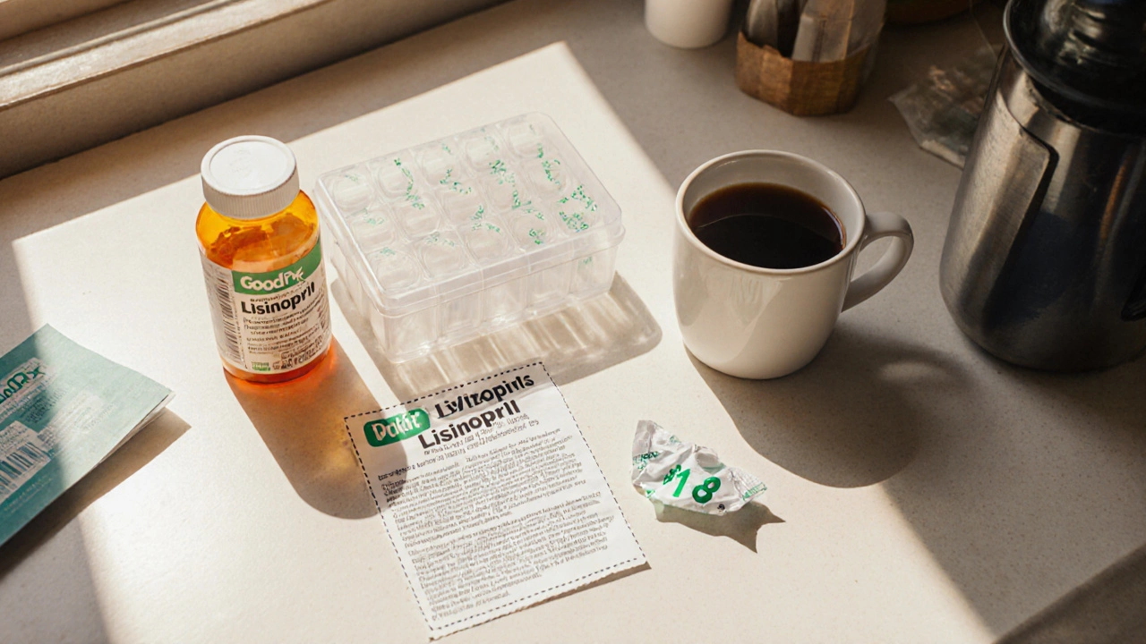 Kitchen counter with pill organizer, coffee, and GoodRx coupon next to prescription bottle.
