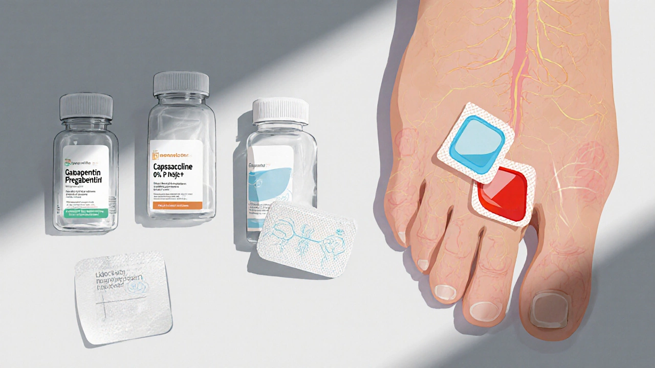 Medical kit showing pills and patches for neuropathic pain on a white surface.