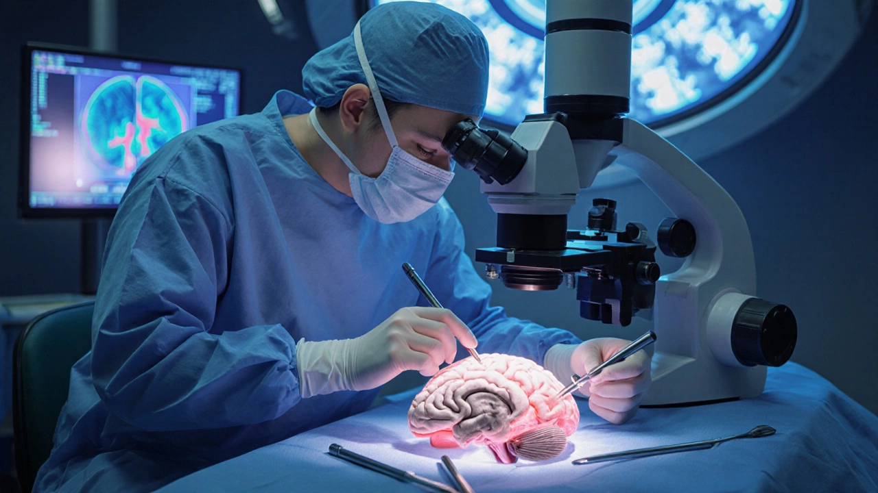 Neurosurgeon at microscope operating on a brain with MRI scanner in the background.