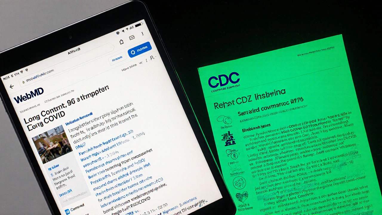 Outdated WebMD article on tablet beside modern CDC health guidelines with updated Long COVID info.