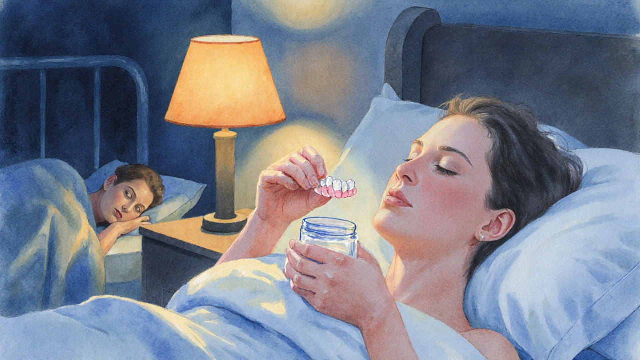 Patient removing a temporary night‑time crown and placing it in a glass container.
