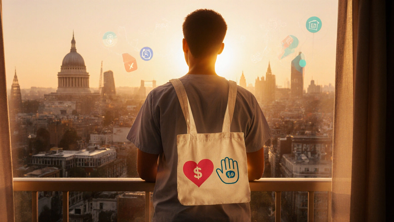 Patient stands on a balcony at sunrise, holding symbols of combined surgery funding.