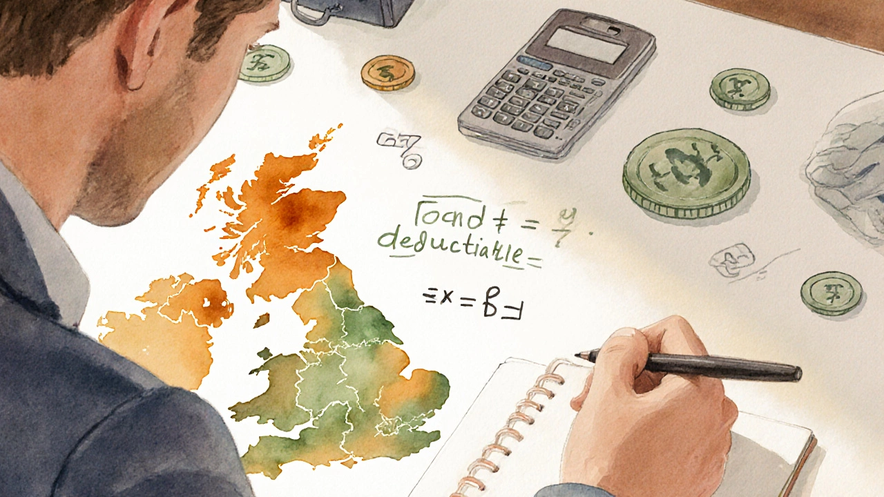 Person calculating private health insurance cost with UK map and deductible symbols.