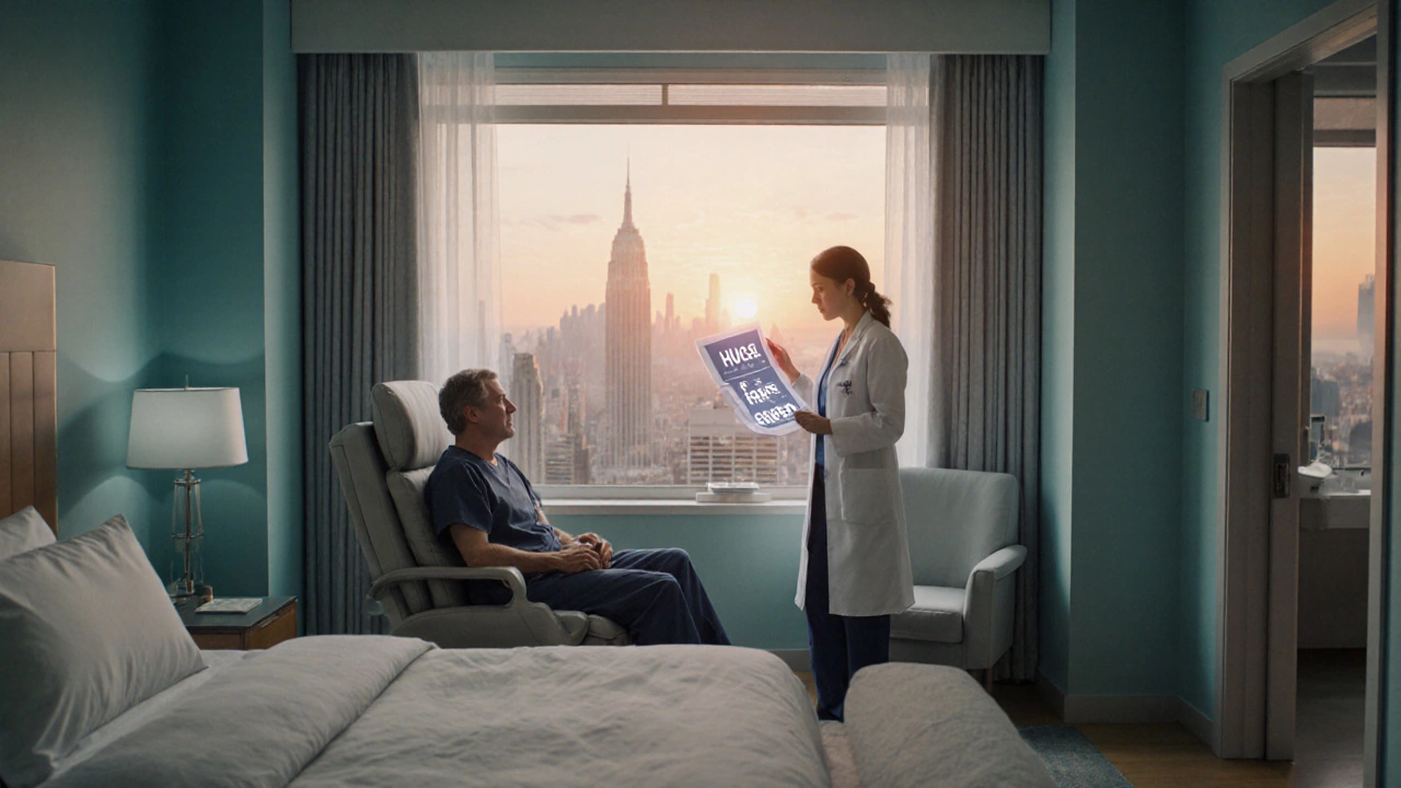 Private hospital suite with patient discussing care with specialist, showing upscale amenities and reduced bill overlay.