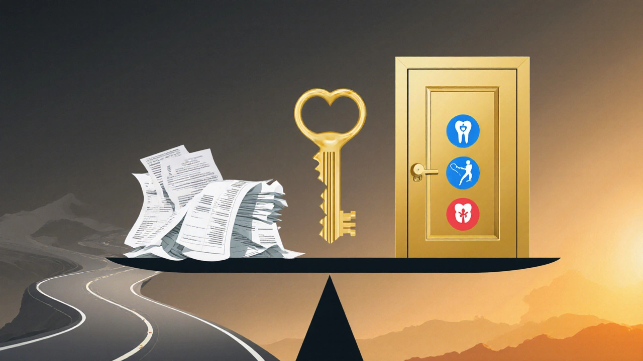 Scale balancing medical bills and delays against a golden key unlocking health benefit icons.