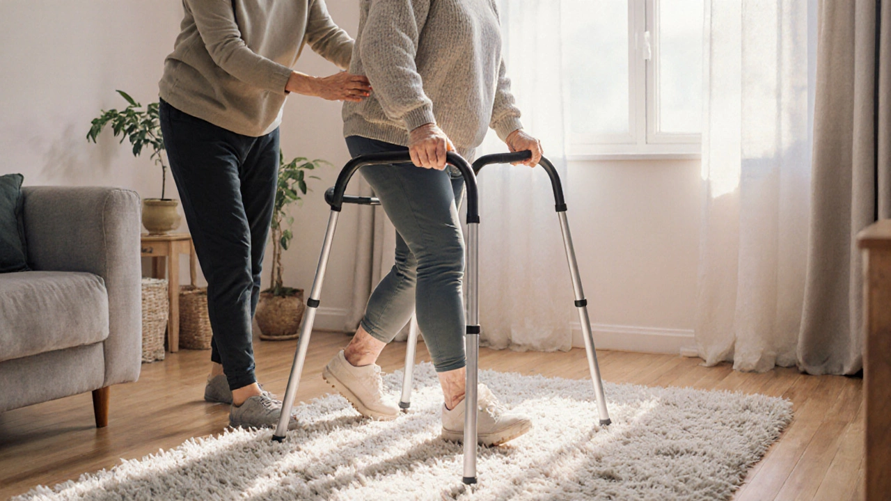 Senior patient walking with a therapist in a sunny home environment.