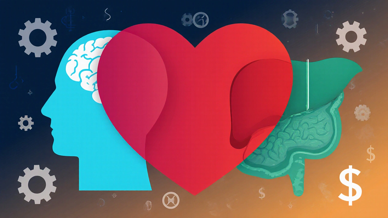 Silhouettes of brain, heart, and organ overlapping in different colors to show surgical difficulty.