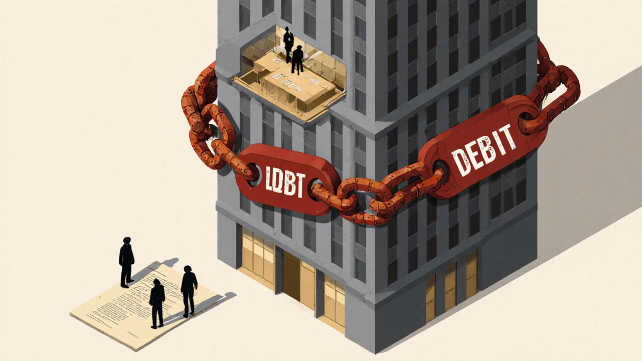 Skyscraper wrapped in red debt chains with a tiny boardroom of few figures.