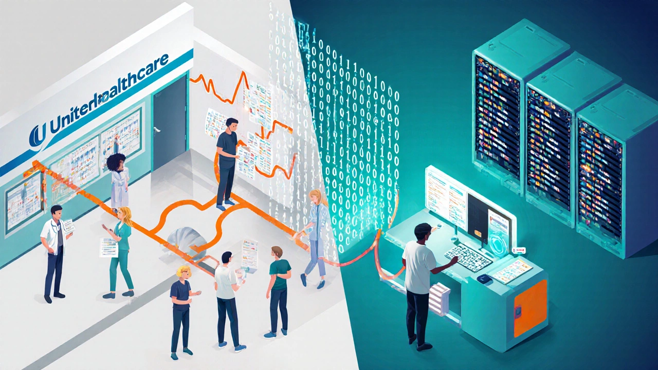 Split scene shows insurance care on one side and data‑driven health services on the other, merging together.