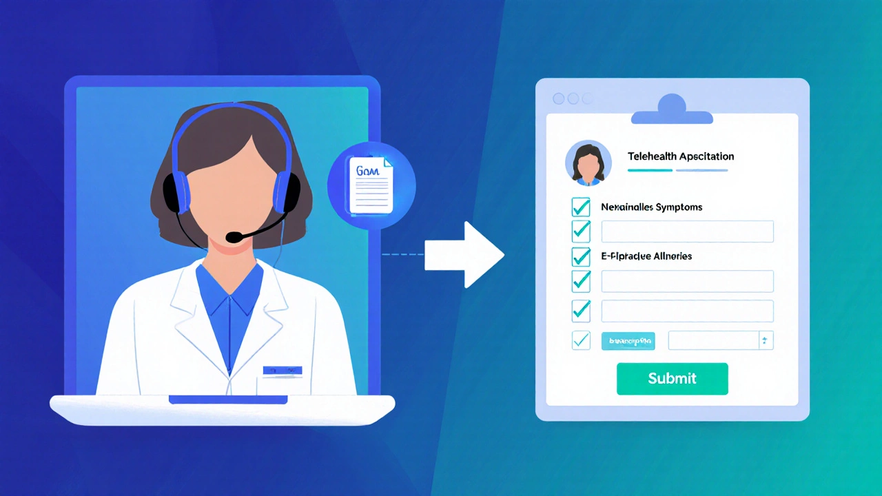 Split view of a video call with a doctor and a digital health questionnaire.
