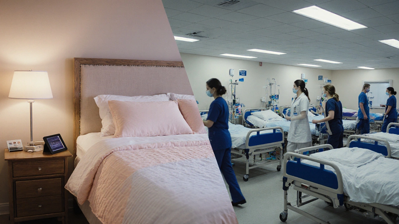 Split view showing a private hospital room versus a busy NHS ward.