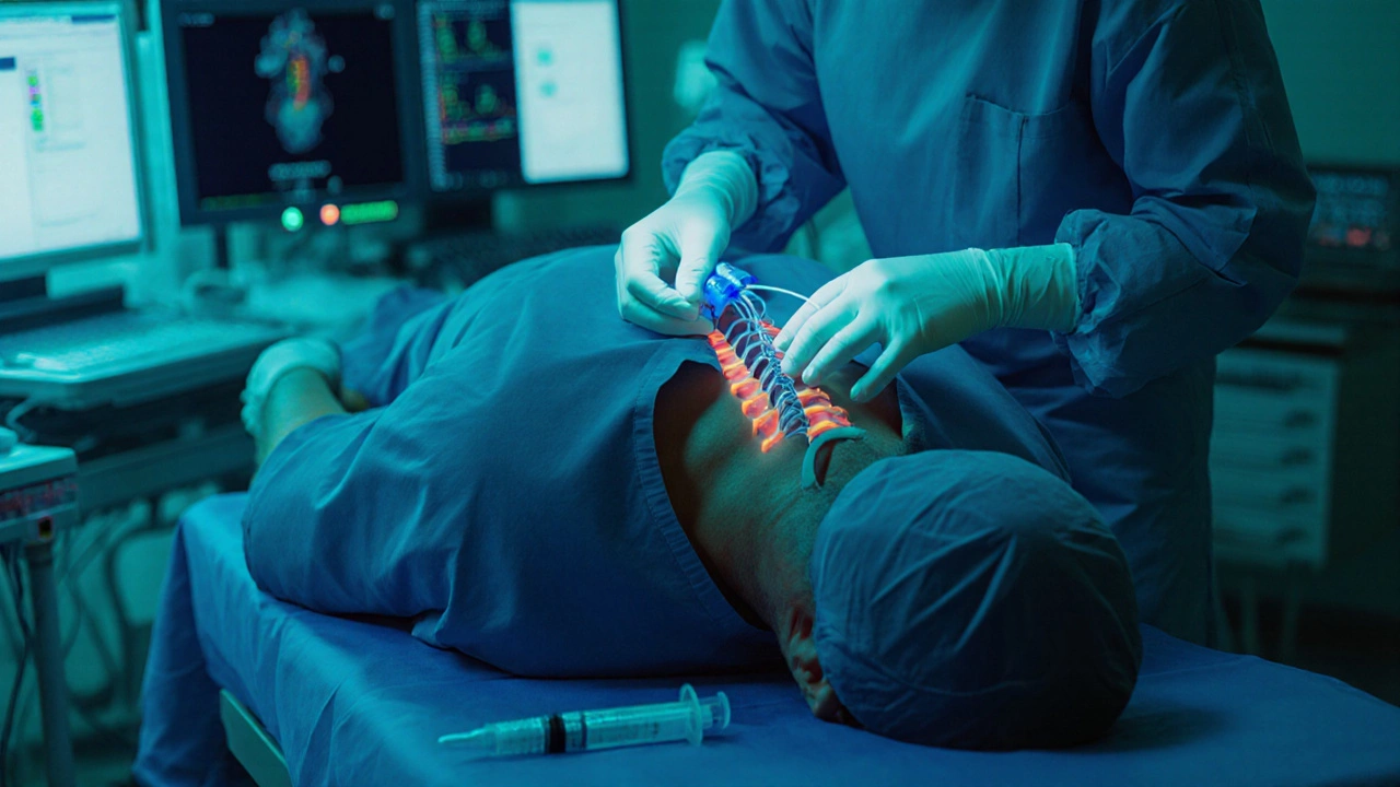 Surgeon placing a spinal cord stimulator lead while a syringe stands for a nerve block.