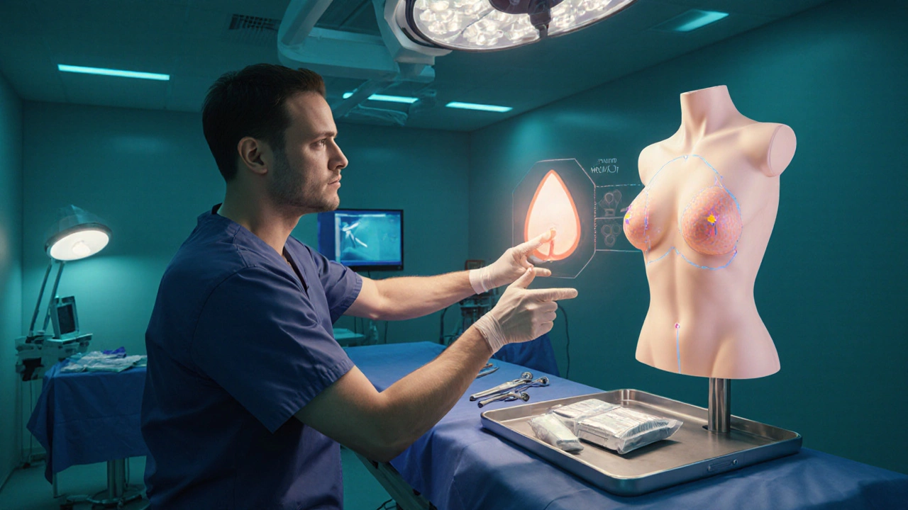 Surgeon showing a 3D torso model with implant options beside an operating table incision.