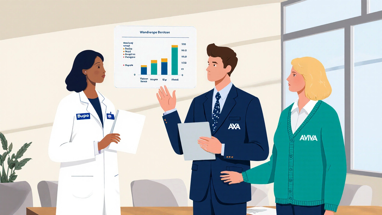 Three figures representing major insurers compare policy features in a modern office.
