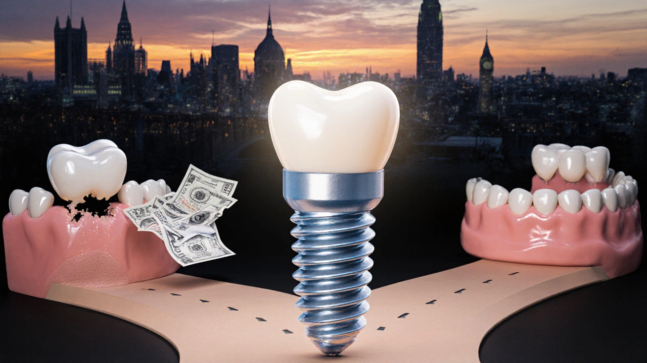 Three paths representing dental implant success, failure, and alternative treatments like dentures.