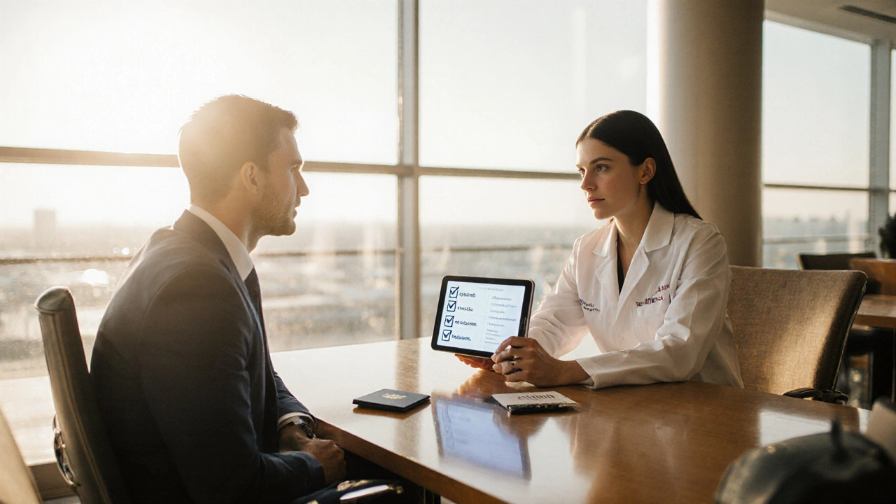 Traveler consulting a surgeon in an airport lounge, discussing safety checklist and post‑op plans.