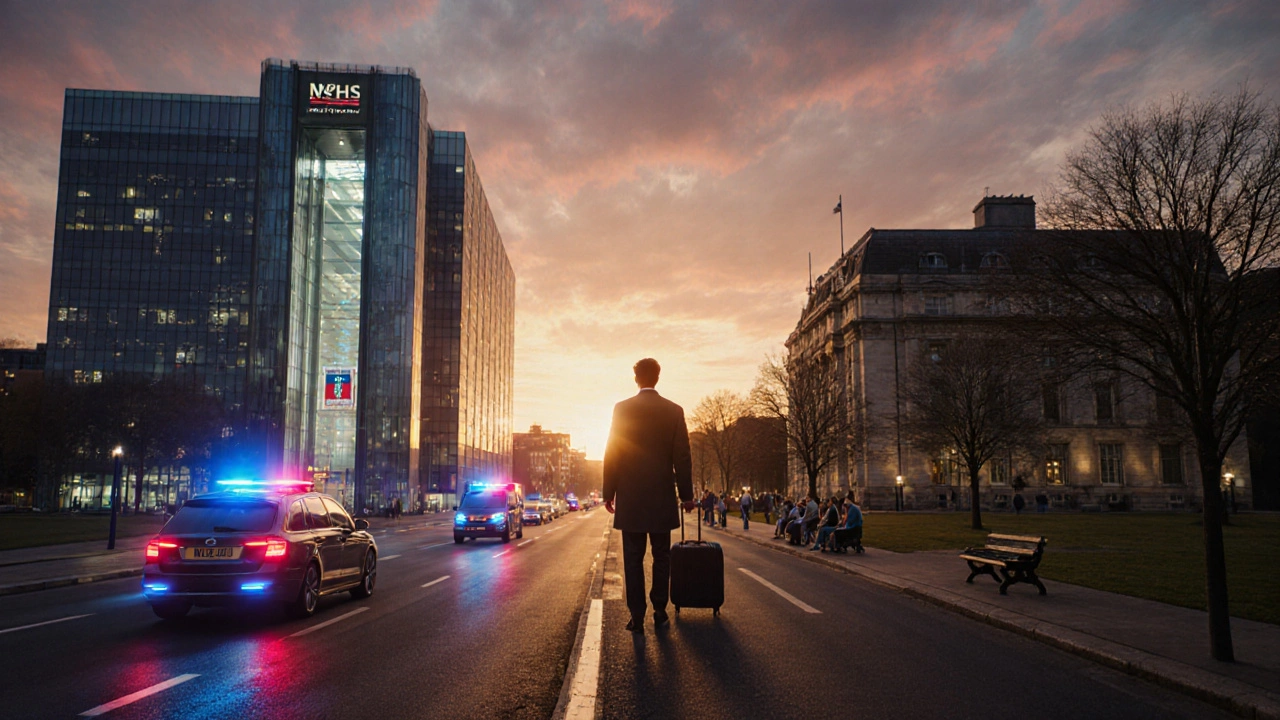 Traveler stands at a twilight fork: sleek US hospital on one side, historic UK NHS hospital on the other.