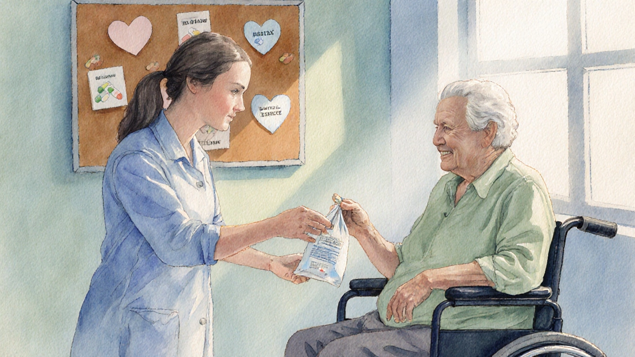 Volunteer giving medication bag to elderly person in a community health centre, conveying relief.
