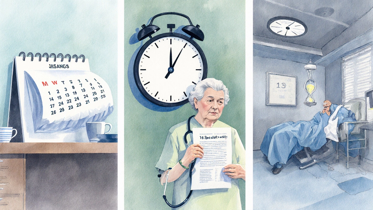 Watercolor panels showing GP, specialist, and surgery waiting periods.