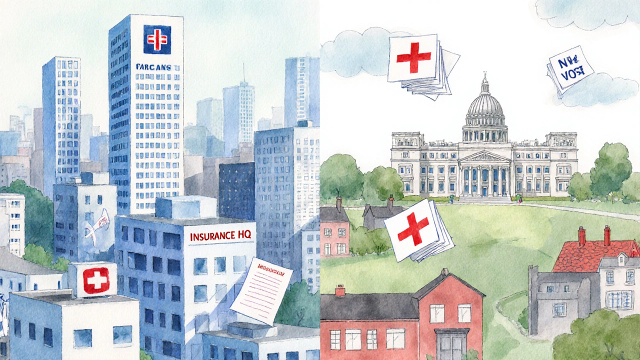 Watercolor scene shows varied US medical buildings versus a single centralized NHS hospital in a countryside town.