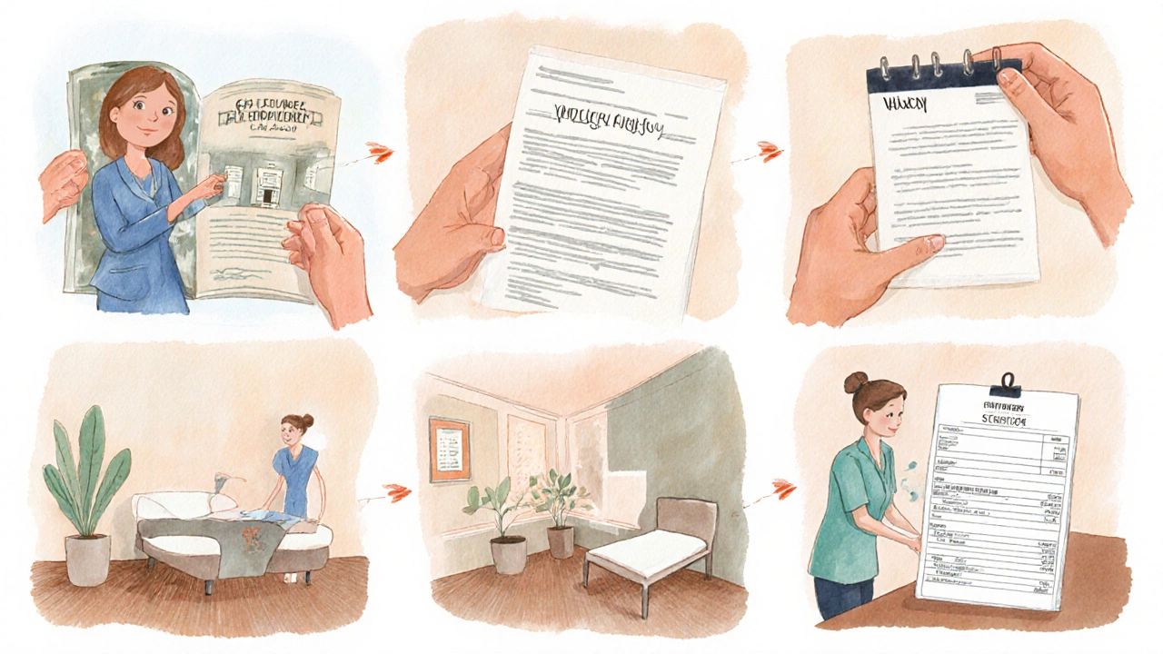 Watercolor storyboard of selecting a private provider, insurance, appointment, treatment, and billing.