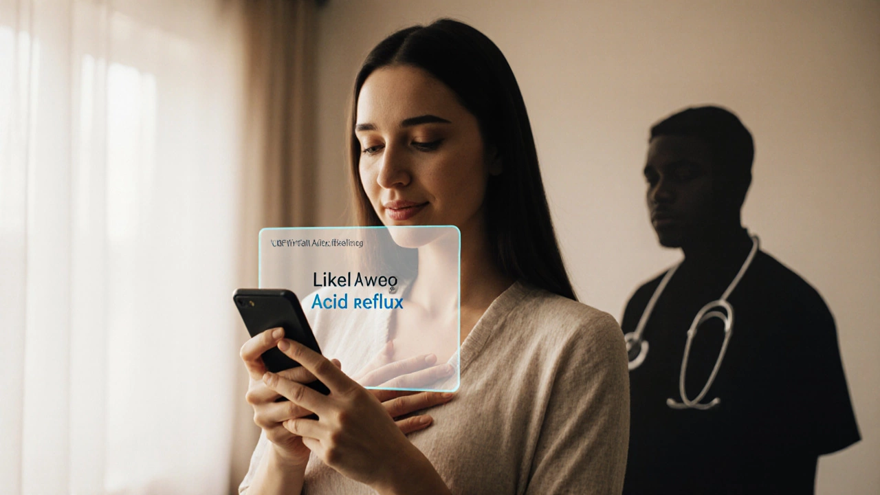 Woman relieved by phone diagnosis of acid reflux, while a doctor fades into the background.