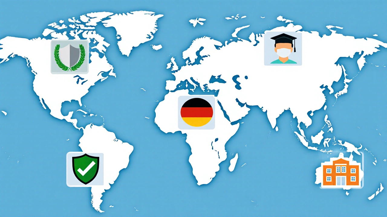 World map highlighting five safe plastic surgery countries with icons for regulation, credentials, and facilities.