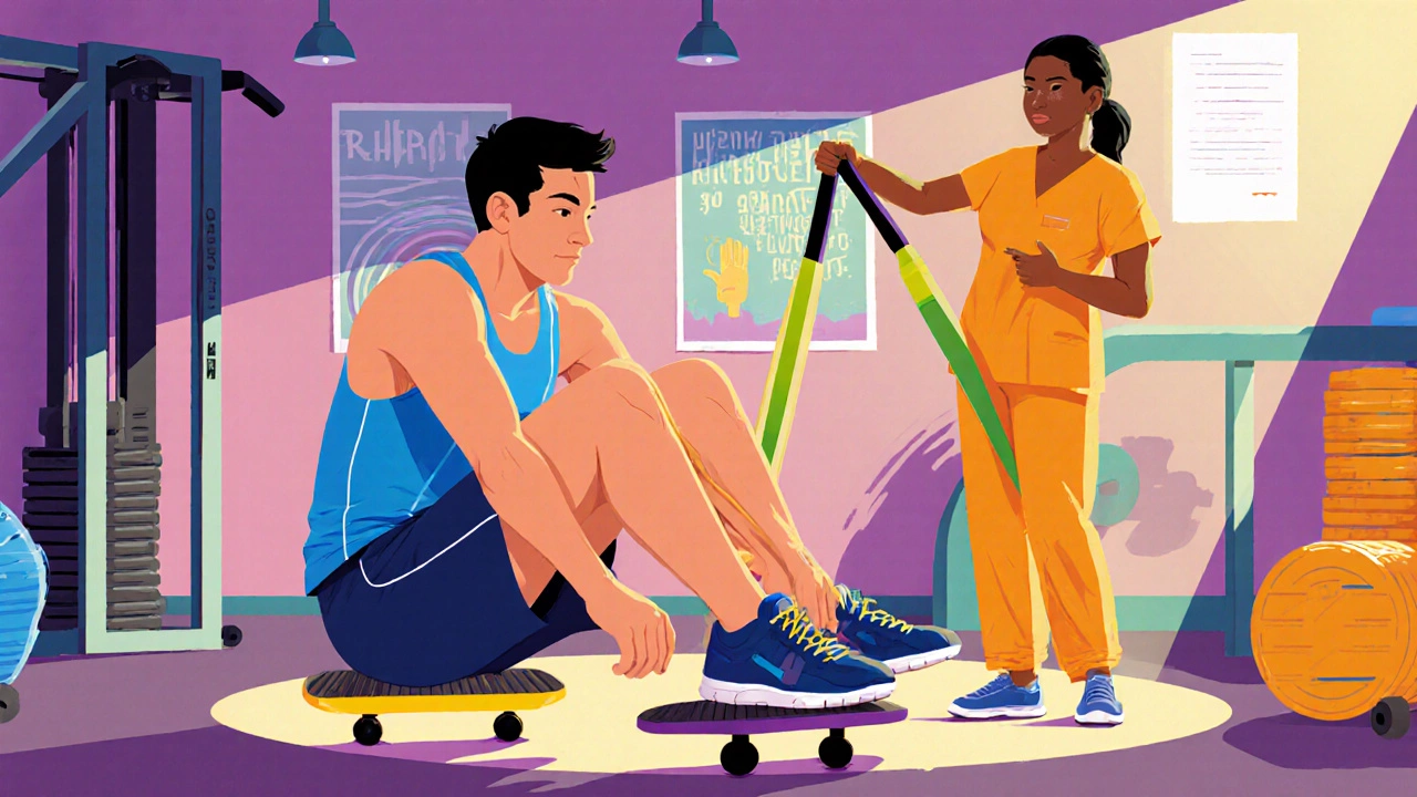 Young athlete on a balance board doing rehab drills with therapist guidance.