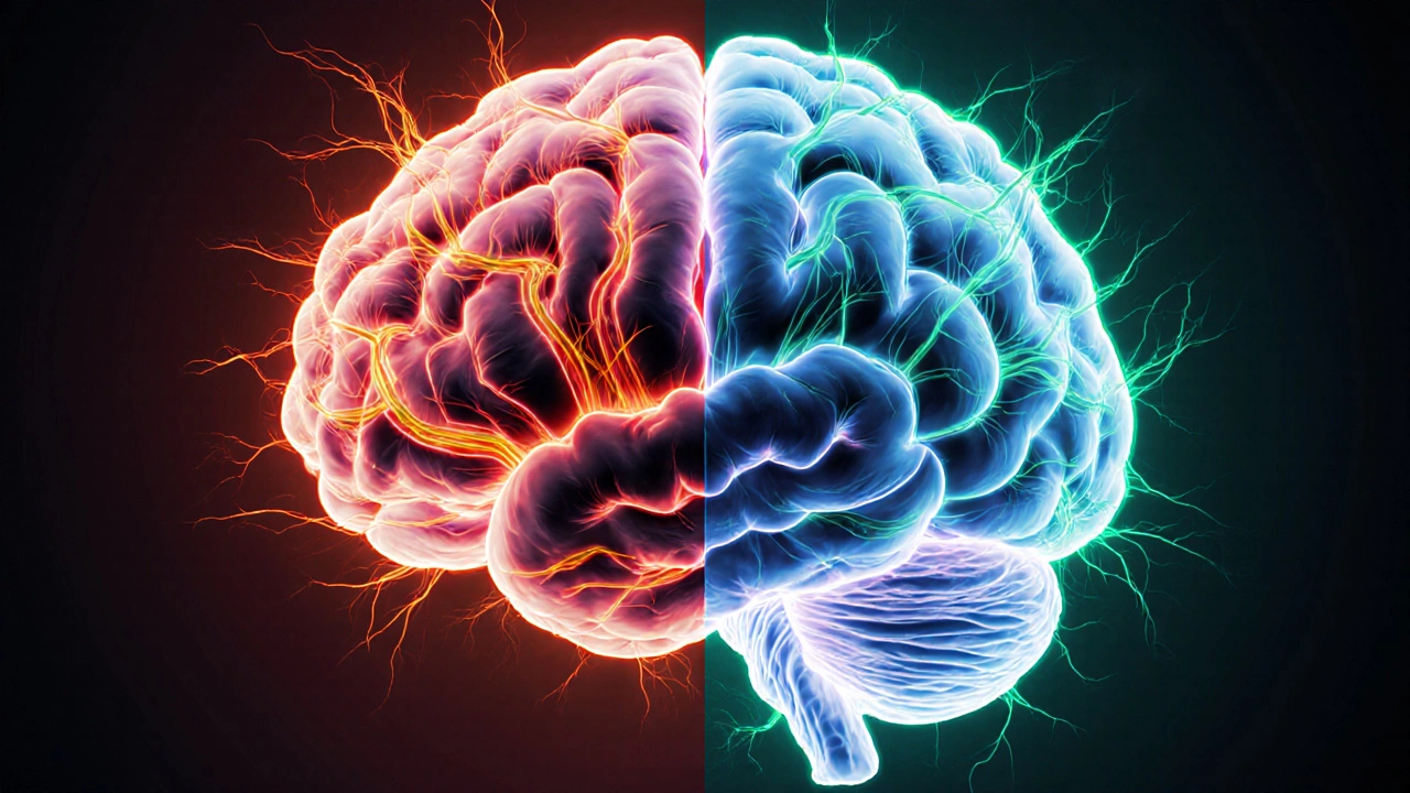 A brain illustration showing neural pathways shifting from intense red to calming blue, symbolizing pain signal rewiring.