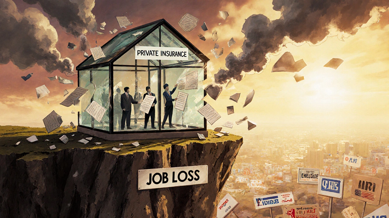 A fragile glass house labeled &#039;Private Insurance&#039; on a cliff, with policy papers blowing away in the wind.