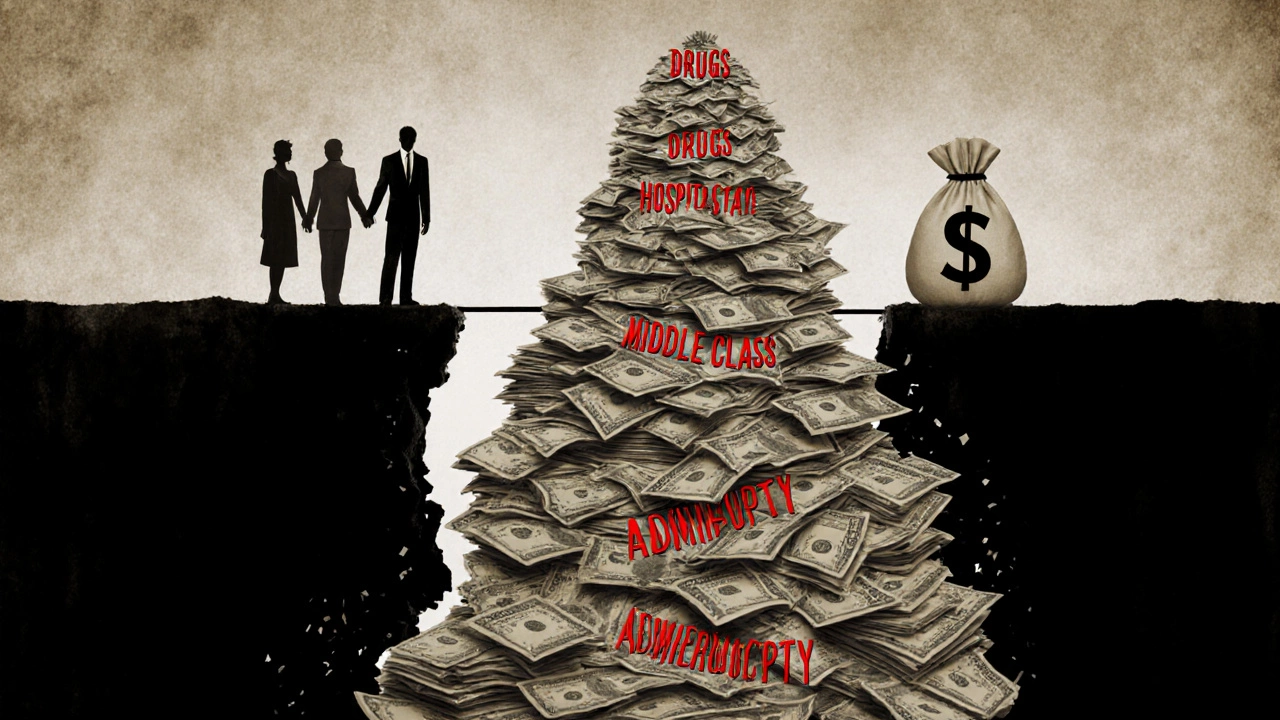 A pyramid of medical bills crumbling beneath a family facing bankruptcy, with a profit-driven shadow figure above.