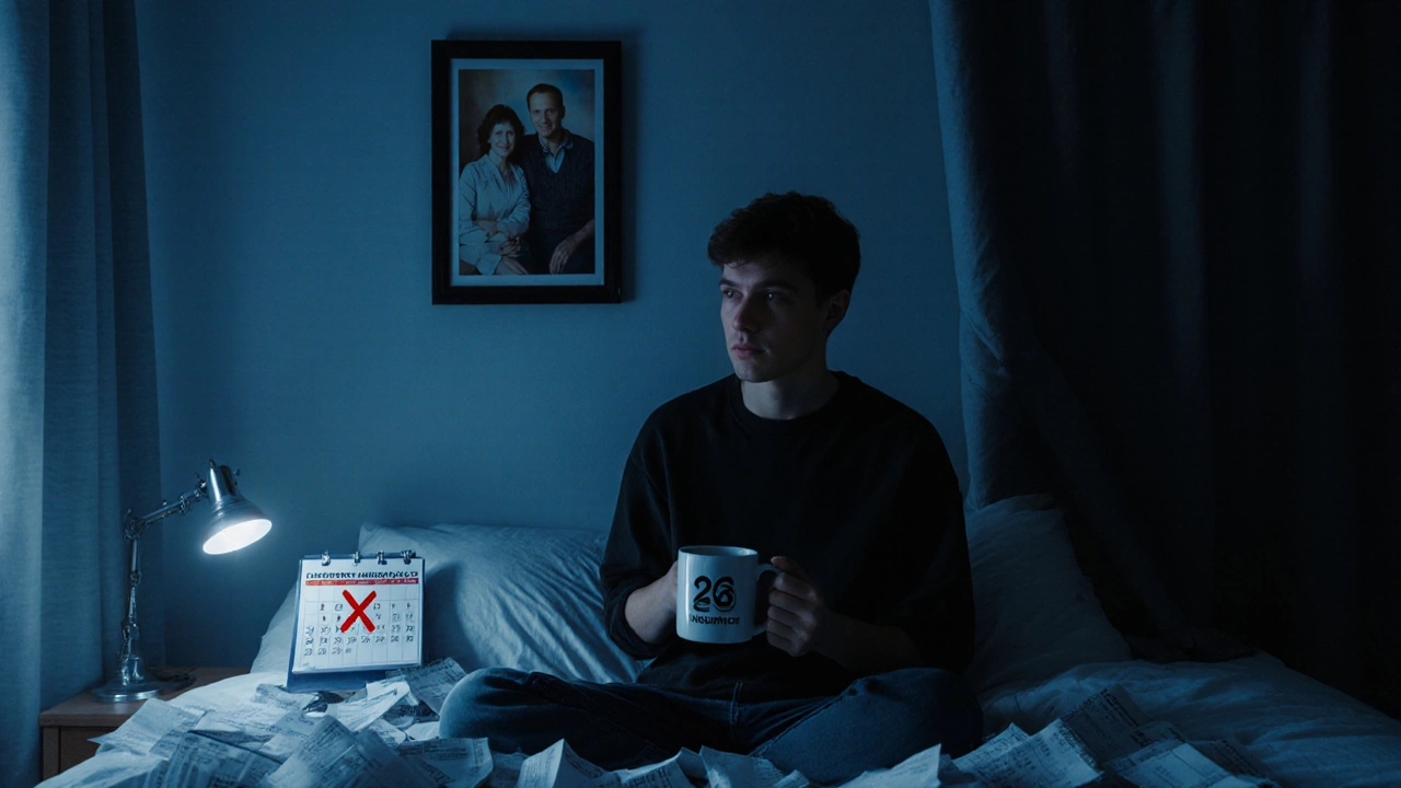 A young adult surrounded by medical bills in a dim apartment, holding a coffee mug with an insurance logo.